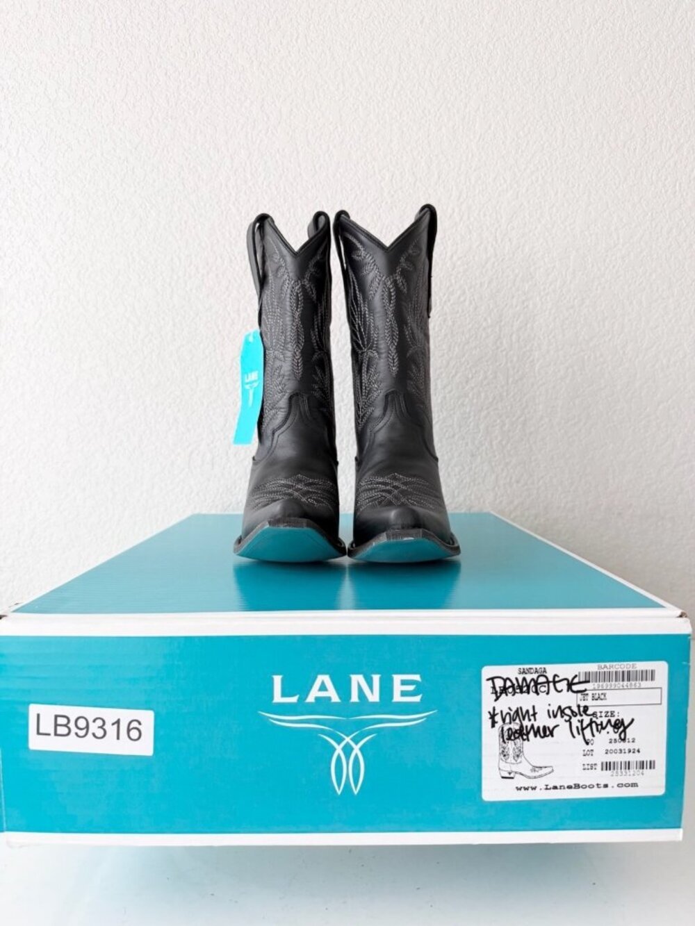 Lane SANDAGA Midi Black Cowboy Boots Cowgirl Western Mid Calf Snip Toe Size 7 - Picture 10 of 11